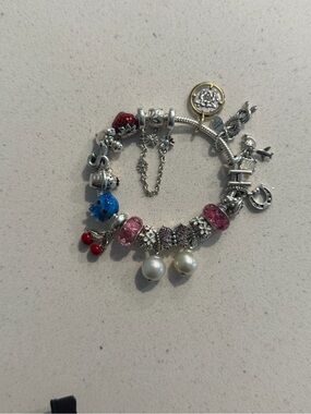 Pandora Charm Bracelet complete with charms and a safety chain
